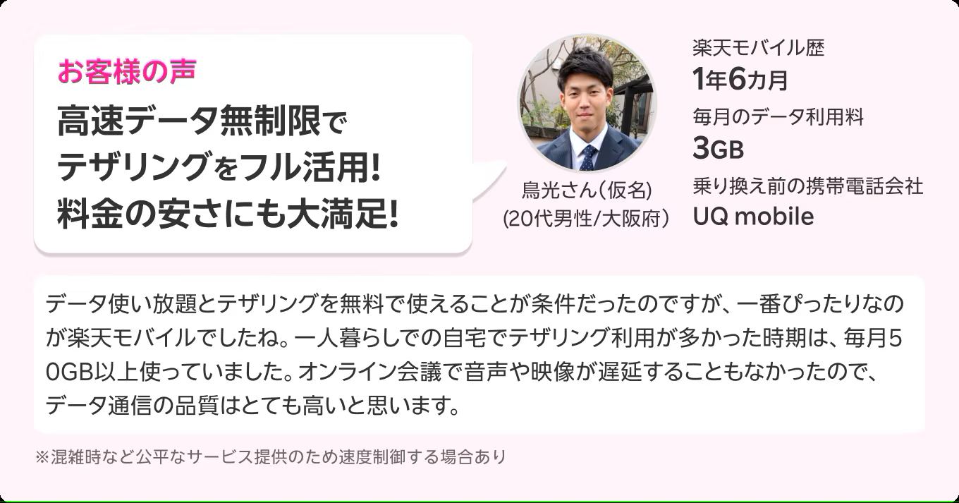 お客様の声 高速データ無制限でテザリングをフル活用!料金の安さにも大満足!鳥光さん（仮名) (20代男性/大阪府）楽天モバイル歴1年6カ月 毎月のデータ利用料3GB 乗り換え前の携帯電話会社UQ mobile データ使い放題とテザリングを無料で使えることが条件だったのですが、一番ぴったりなのが楽天モバイルでしたね。一人暮らしでの自宅でテザリング利用が多かった時期は、毎月５０GB以上使っていました。オンライン会議で音声や映像が遅延することもなかったので、データ通信の品質はとても高いと思います。 ※混雑時など公平なサービス提供のため速度制御する場合あり。