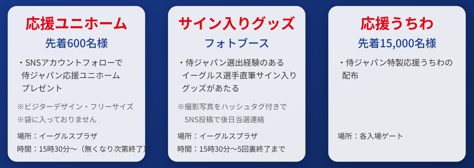 参加者特典、侍ジャパン応援ユニホーム、侍ジャパン特製応援うちわ、サイン入りグッズ 